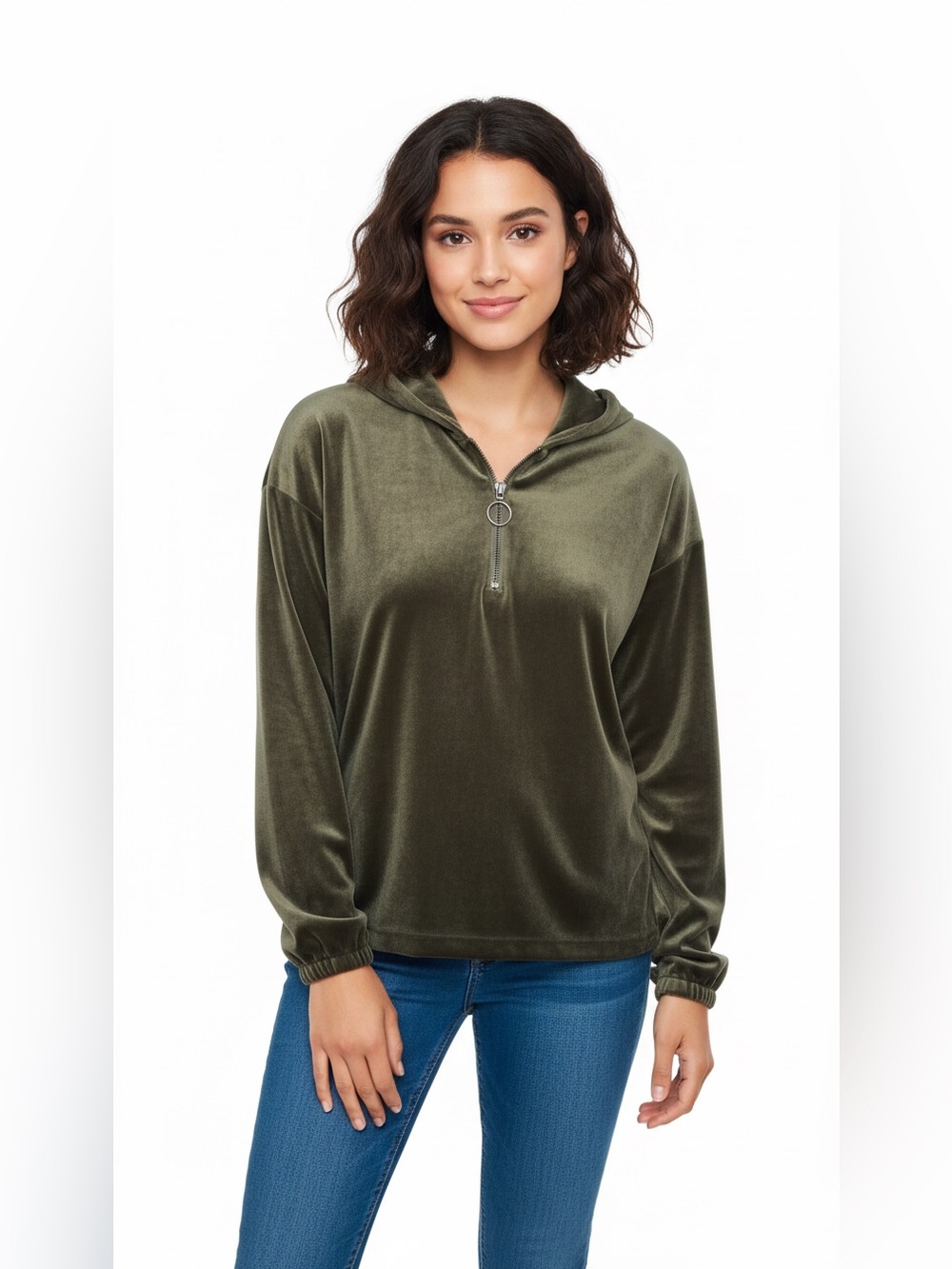 Paper Crane Olive Velour Hooded Half Zip Jacket Small